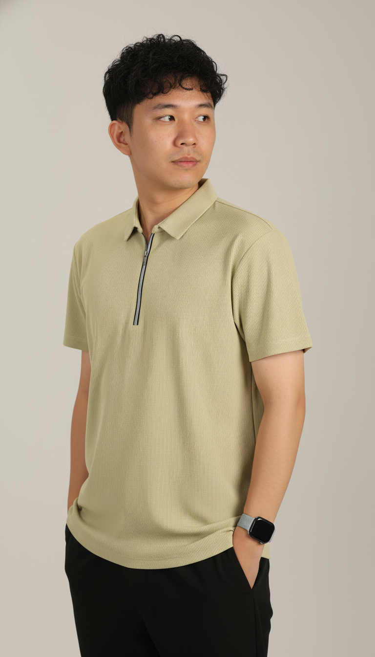 Men’s Yellow Textured Ribbed Zip Polo T-Shirt