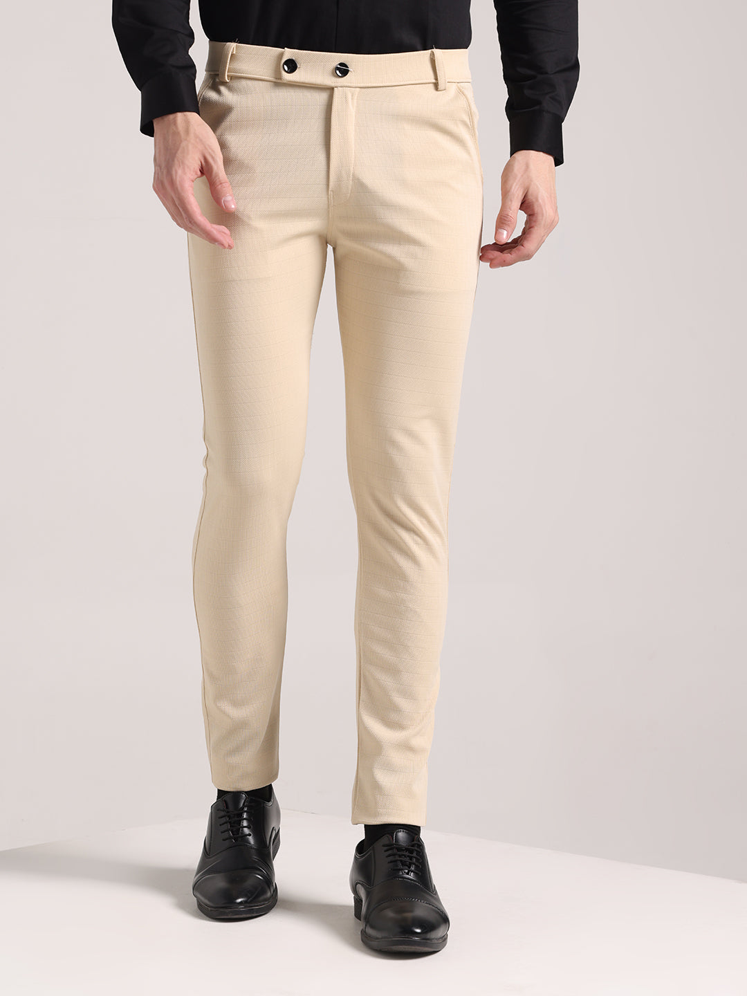 Men's Cream Checks Soft Lycra Trousers