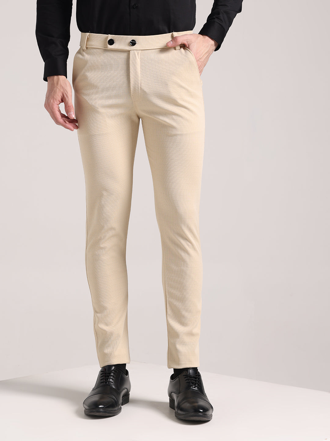 Men's Cream Checks Soft Lycra Trousers