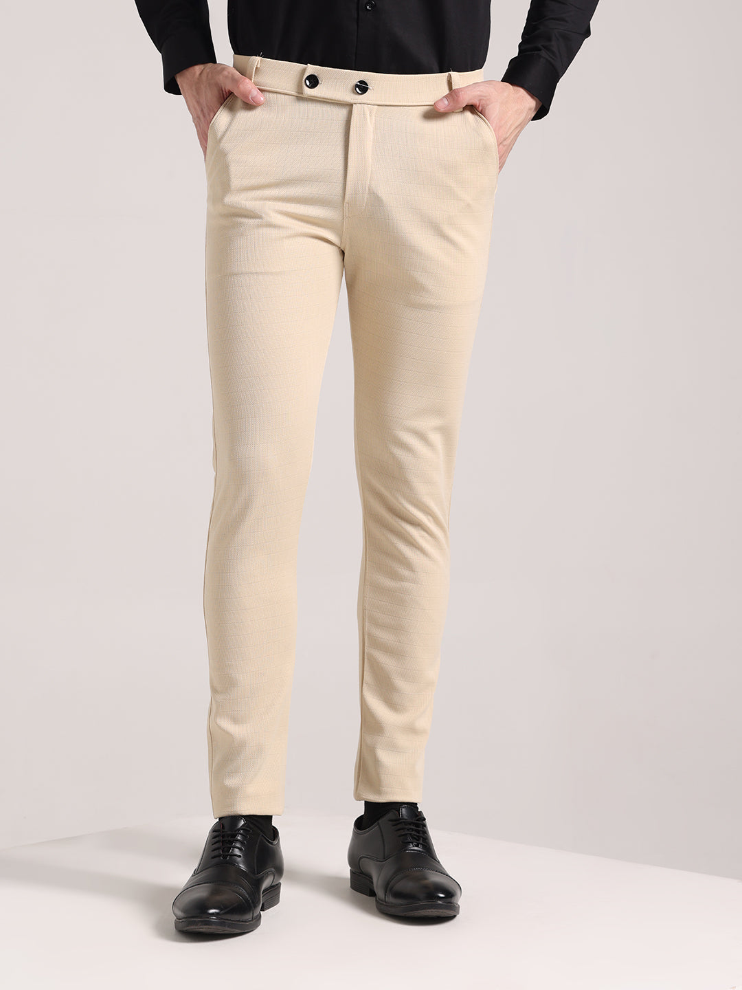 Men's Cream Checks Soft Lycra Trousers