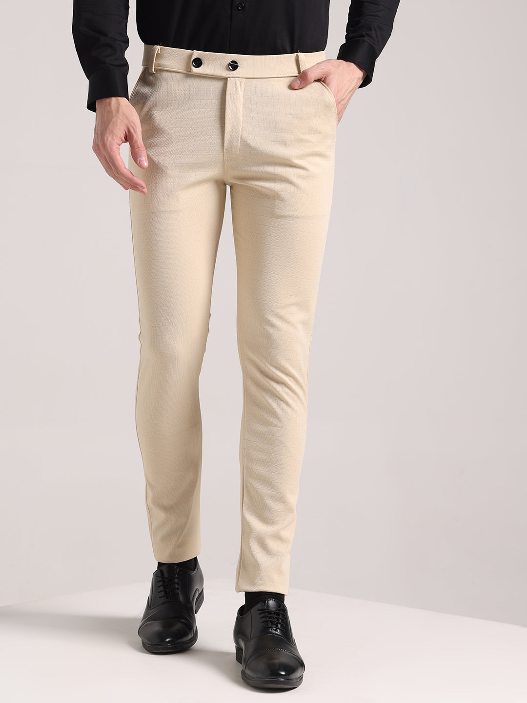 Men's Cream Checks Soft Lycra Trousers