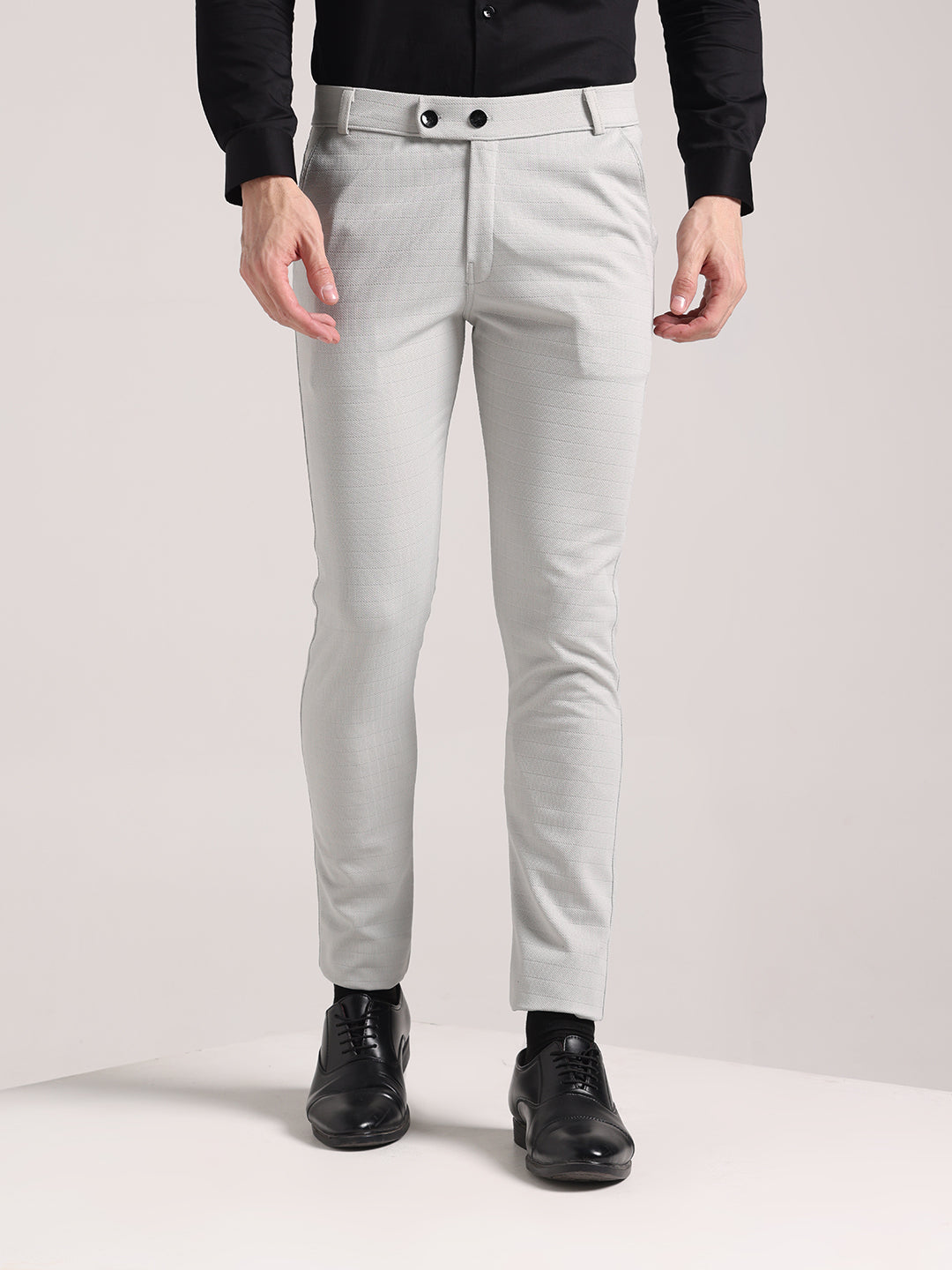 Men's Pale Grey Checks Soft Lycra Trousers