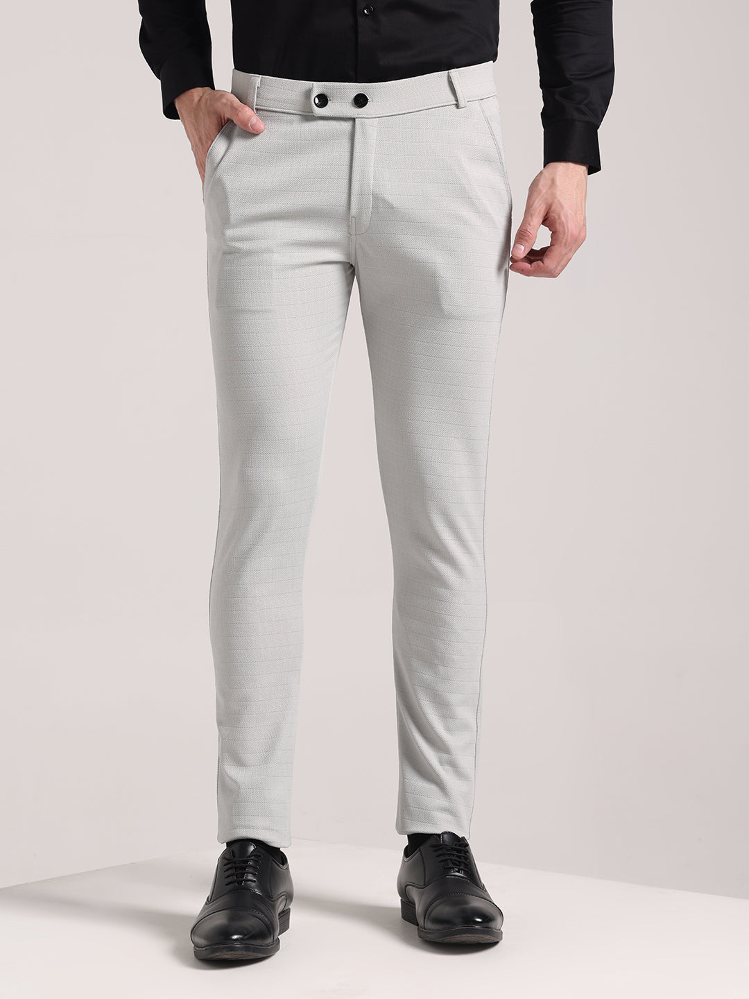Men's Pale Grey Checks Soft Lycra Trousers