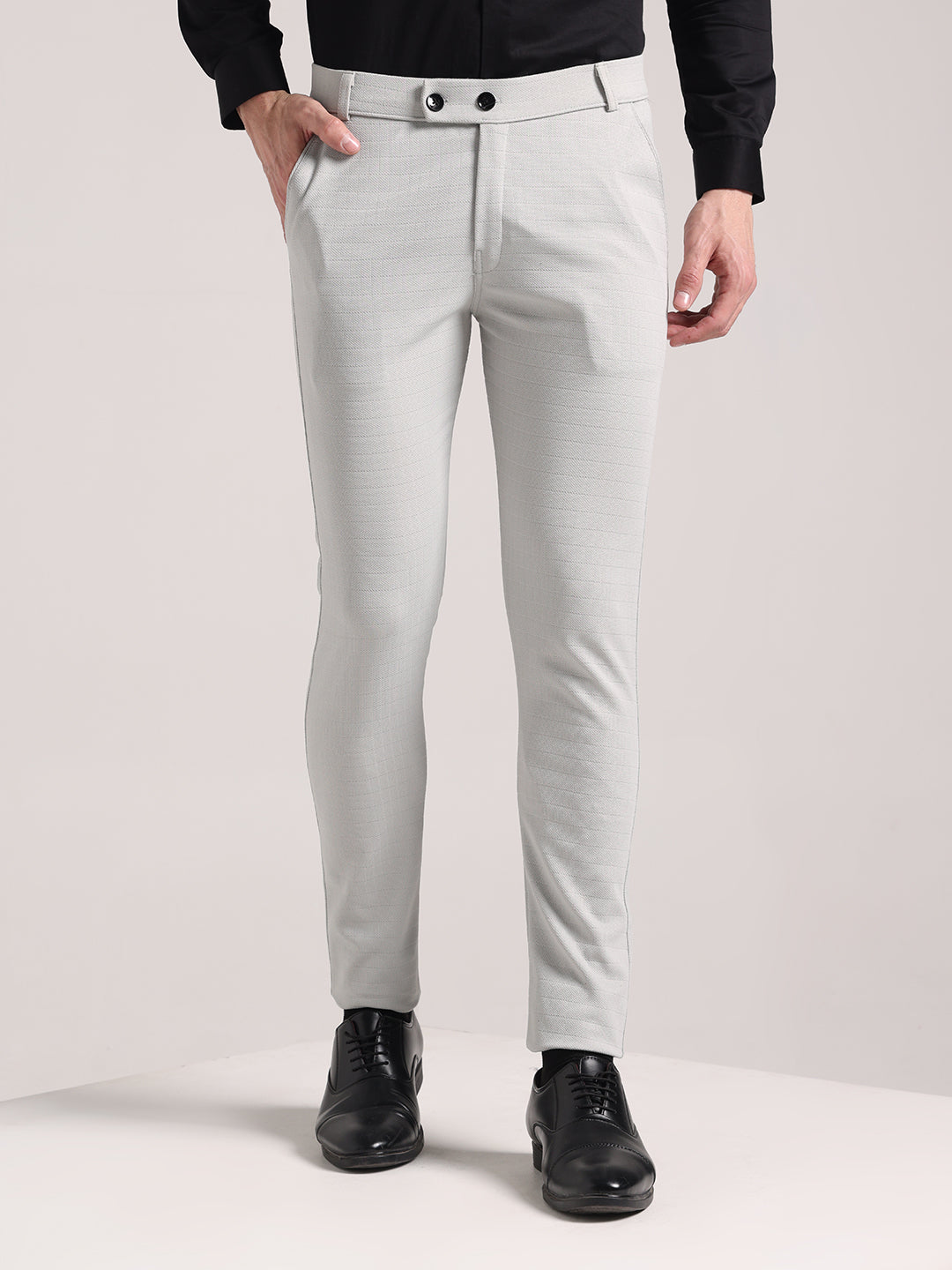 Men's Pale Grey Checks Soft Lycra Trousers
