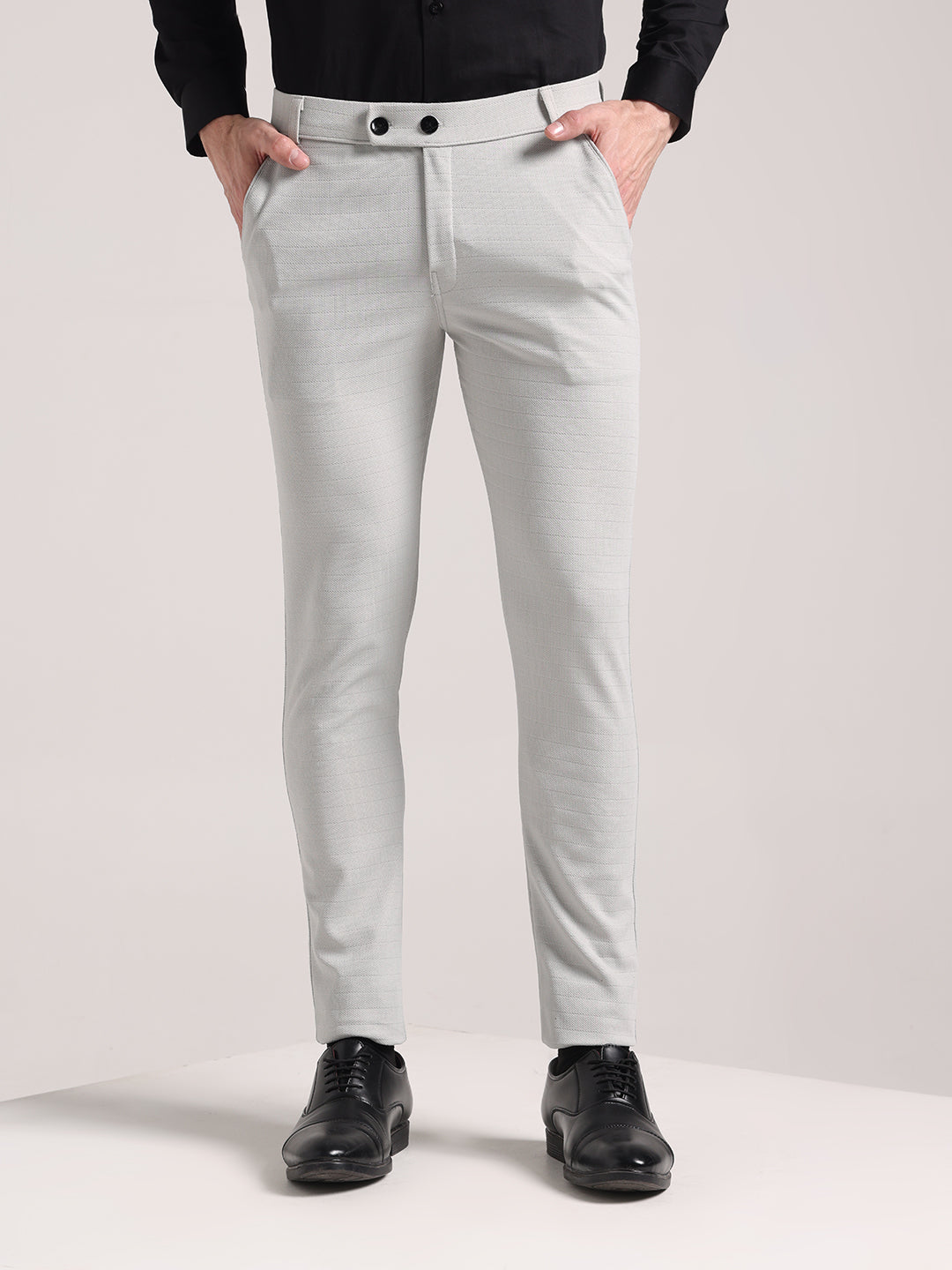 Men's Pale Grey Checks Soft Lycra Trousers