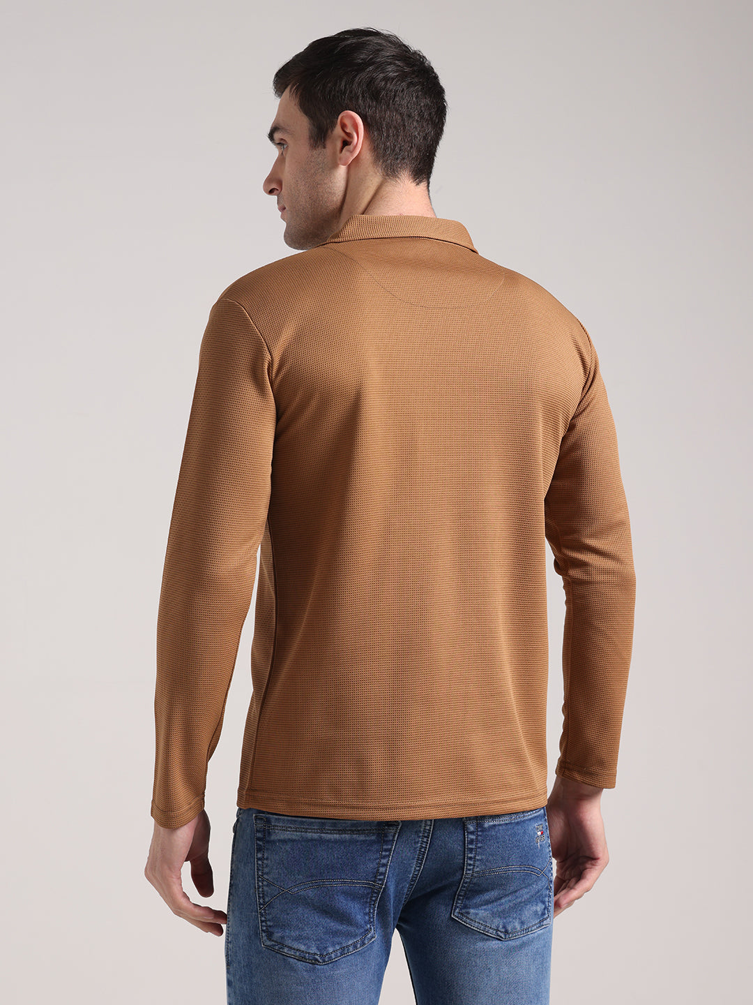 Men's Outer Mesh Olive Brown Full Sleeve Zipper T-Shirt