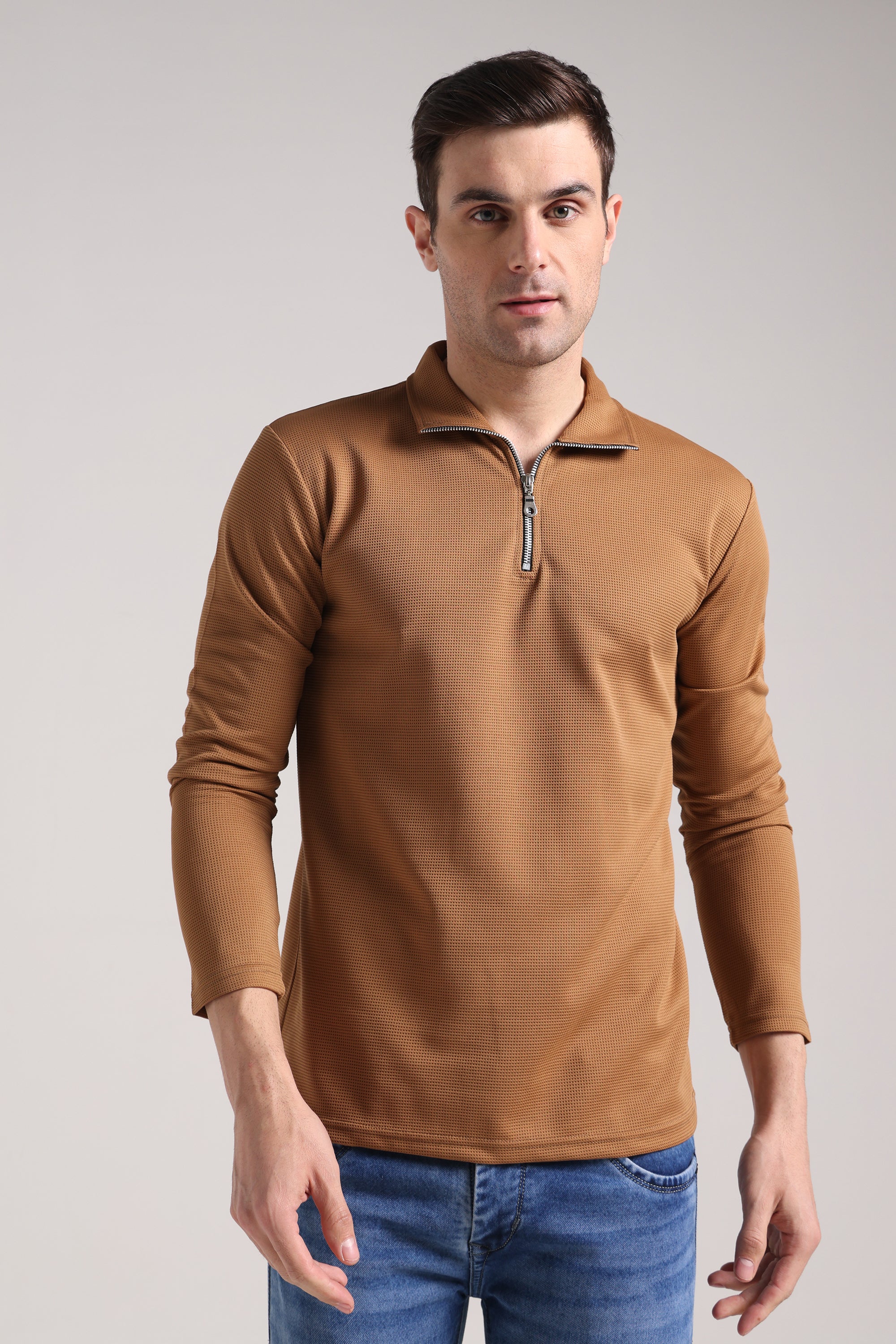 Men's Outer Mesh Olive Brown Full Sleeve Zipper T-Shirt