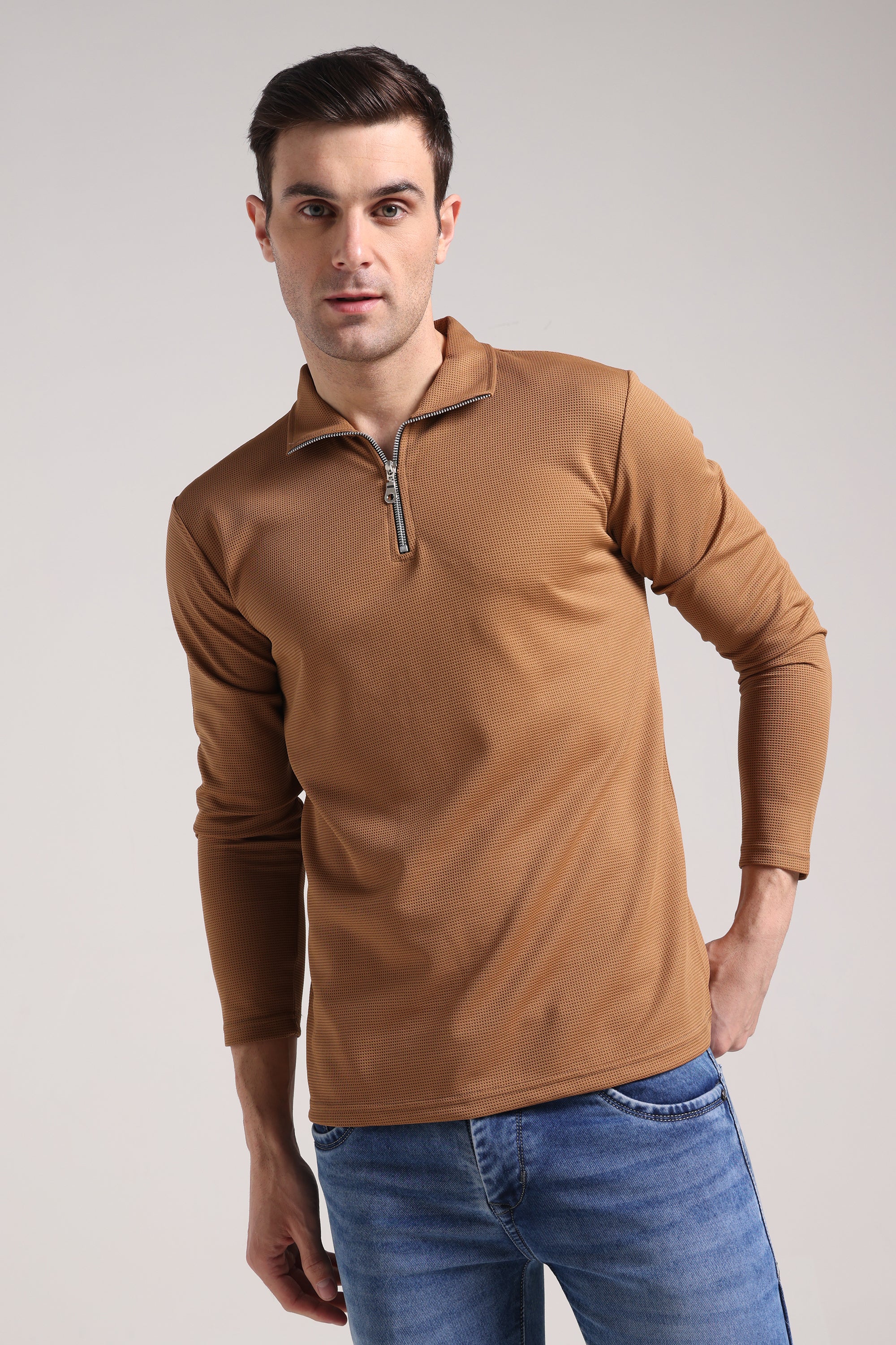Men's Outer Mesh Olive Brown Full Sleeve Zipper T-Shirt