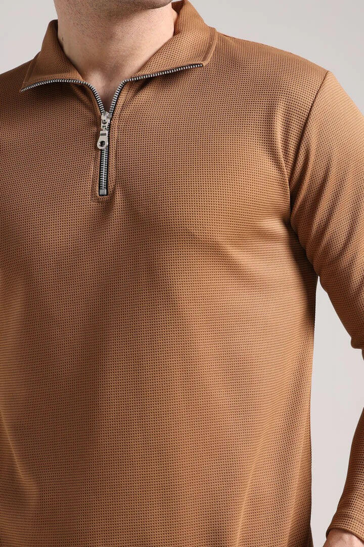 Men's Outer Mesh Olive Brown Full Sleeve Zipper T-Shirt