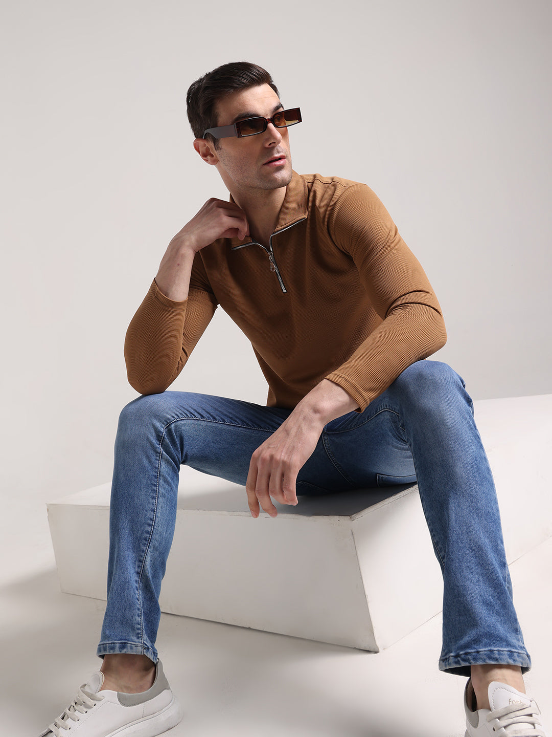Men's Outer Mesh Olive Brown Full Sleeve Zipper T-Shirt