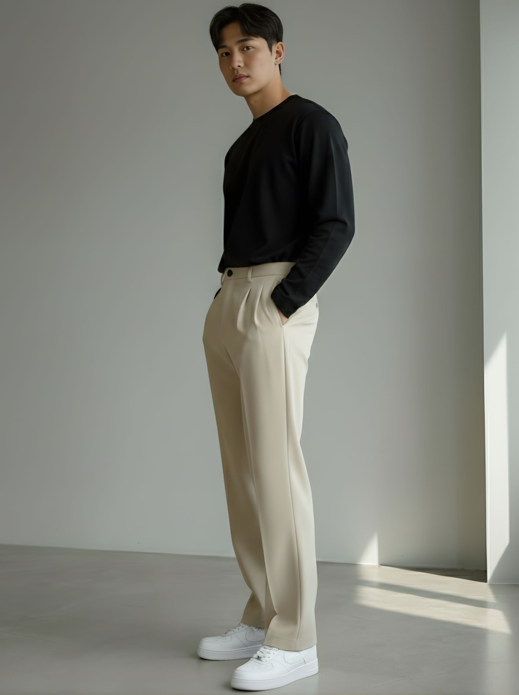 Men's Pastel Cream Loose-Fit Korean Trouser