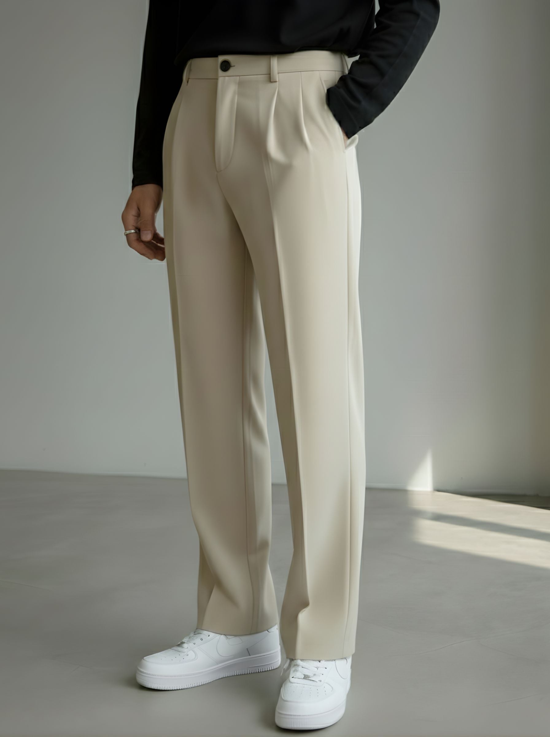 Men's Pastel Cream Loose-Fit Korean Trouser