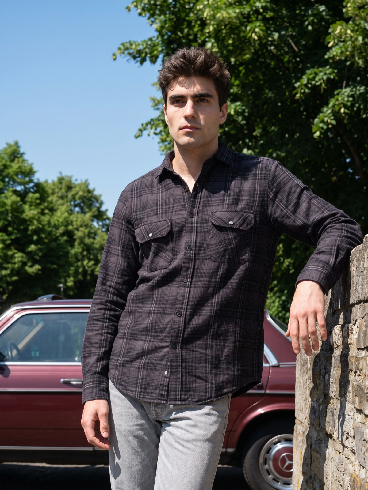 Men's Purple Plaid Twin Pockets Casual Shirt
