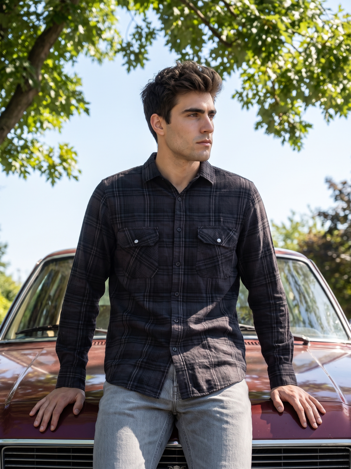 Men's Purple Plaid Twin Pockets Casual Shirt