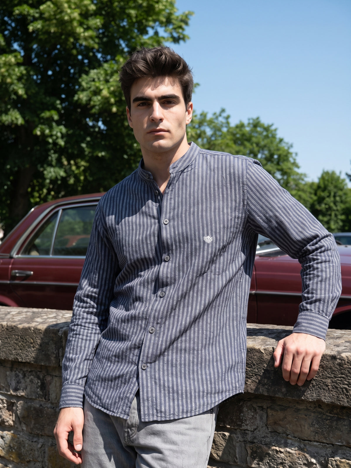 Men's Black Vertical Striped Mandarin Collar Casual Shirt