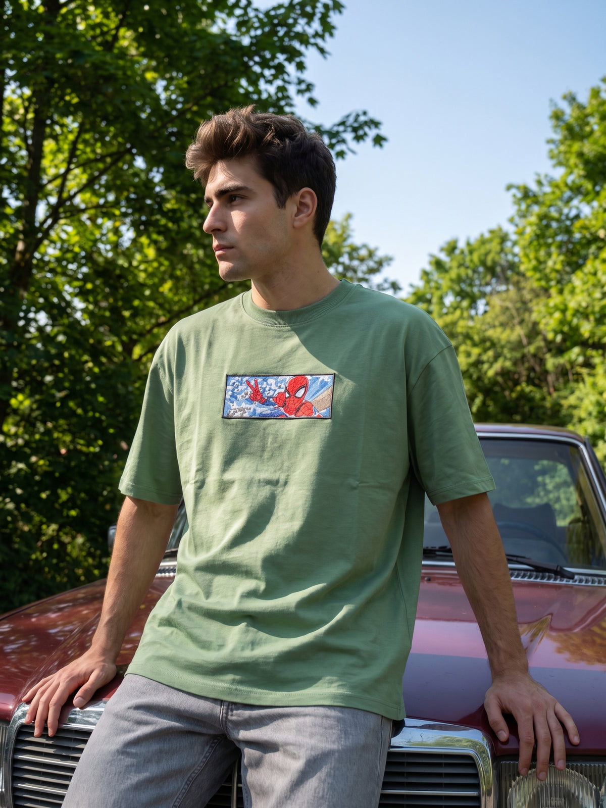 Men’s Premium Graphic Patch Oversized T-Shirt - Sage Green