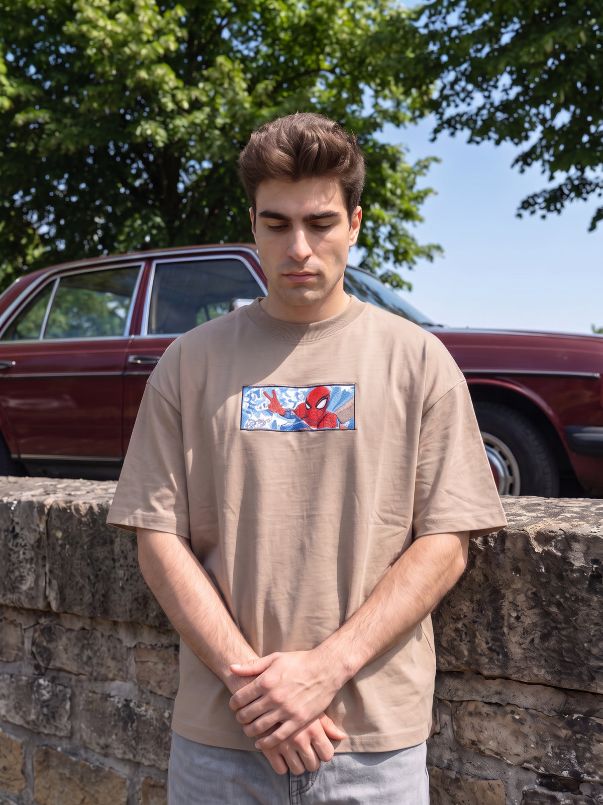 Men’s Premium Graphic Patch Oversized T-Shirt - Brown