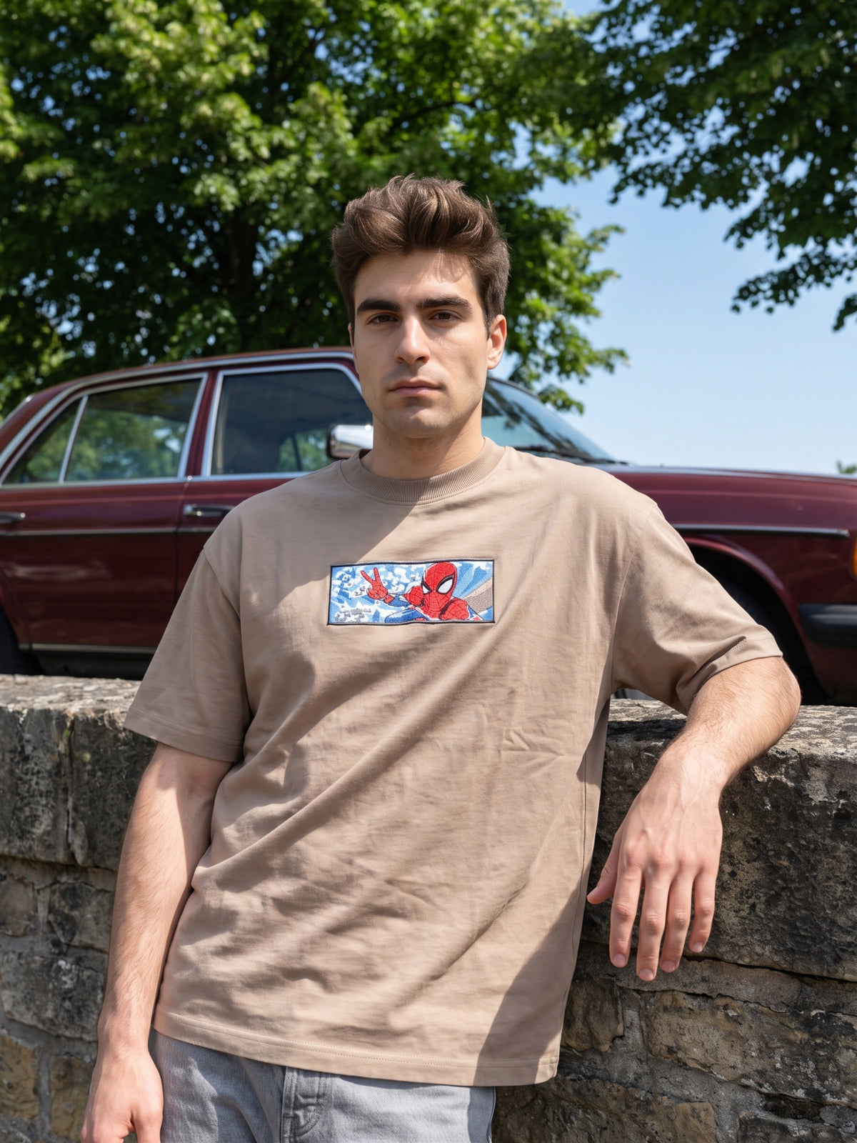 Men’s Premium Graphic Patch Oversized T-Shirt - Brown