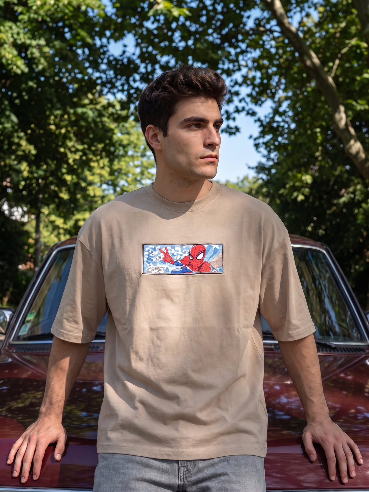 Men’s Premium Graphic Patch Oversized T-Shirt - Brown