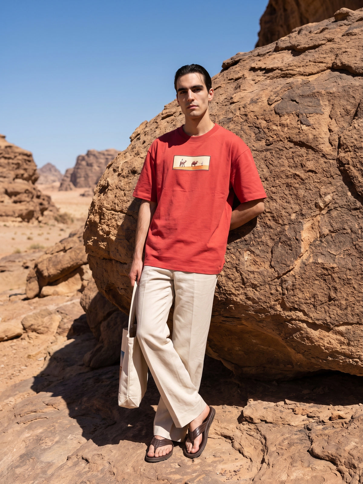 Men's Premium Oversized T-Shirt with Desert Camel Graphic Patch - Red