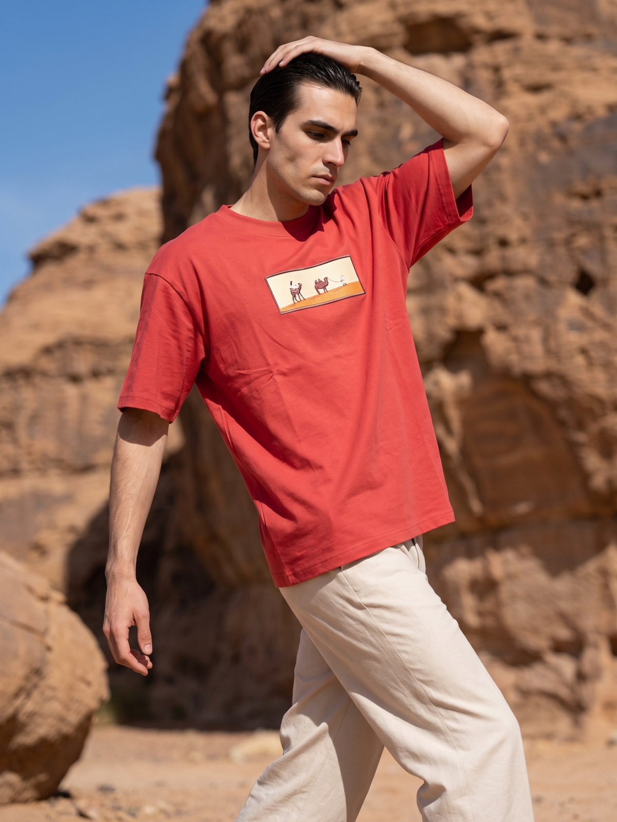 Men's Premium Oversized T-Shirt with Desert Camel Graphic Patch - Red