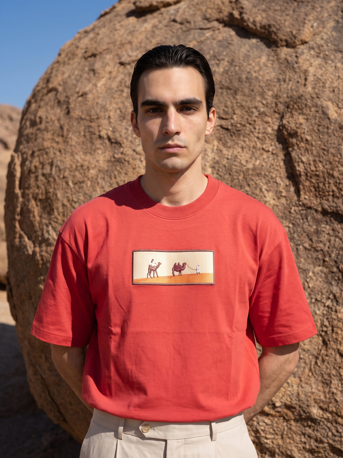 Men's Premium Oversized T-Shirt with Desert Camel Graphic Patch - Red