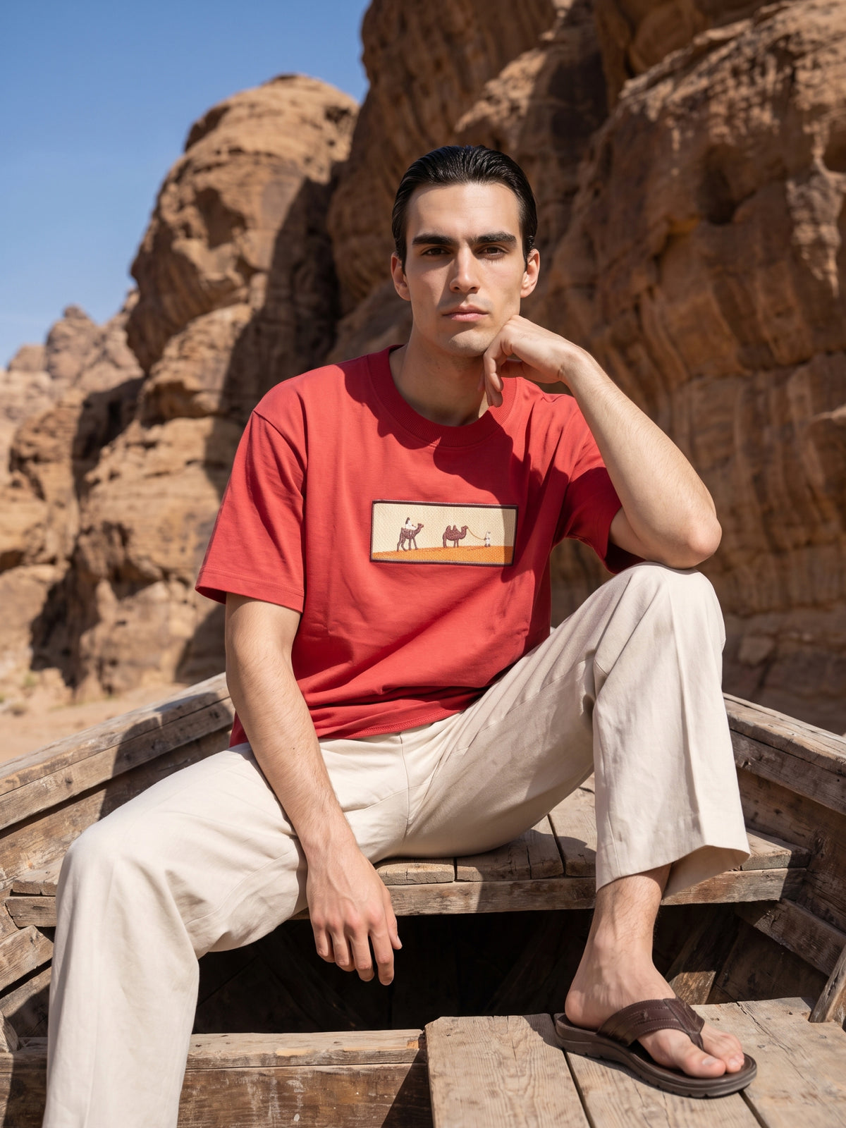 Men's Premium Oversized T-Shirt with Desert Camel Graphic Patch - Red