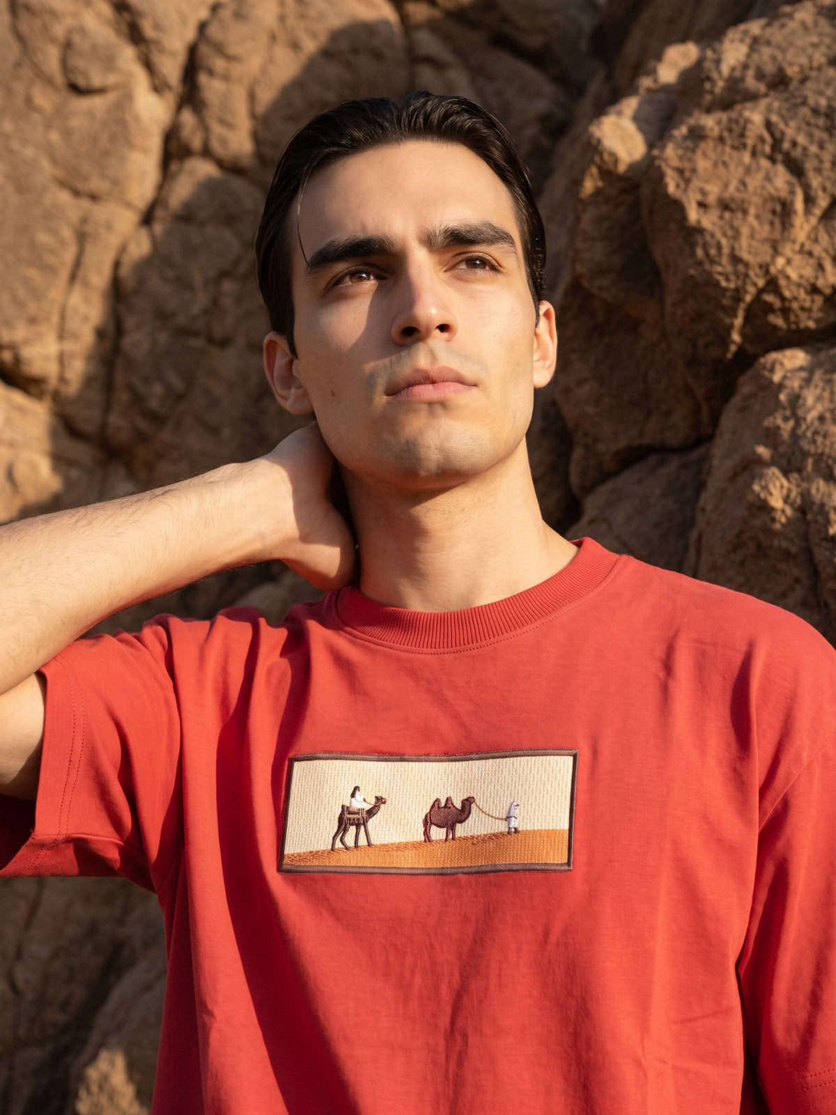 Men's Premium Oversized T-Shirt with Desert Camel Graphic Patch - Red