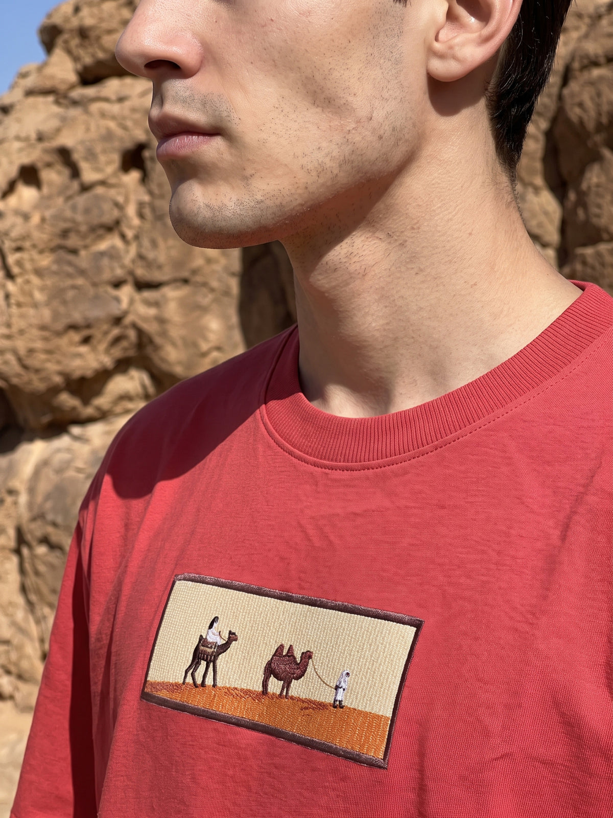 Men's Premium Oversized T-Shirt with Desert Camel Graphic Patch - Red