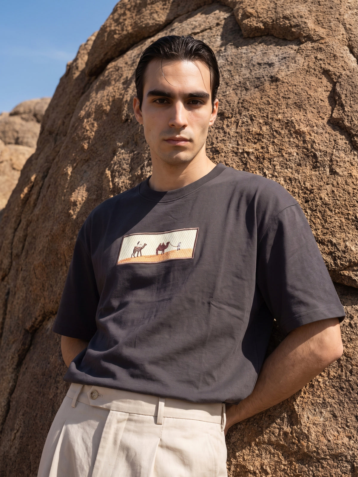 Men's Premium Oversized T-Shirt with Desert Camel Graphic Patch - Black