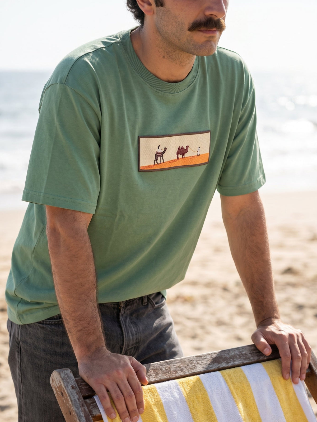 Men's Premium Oversized T-Shirt with Desert Camel Graphic Patch - Sage Green