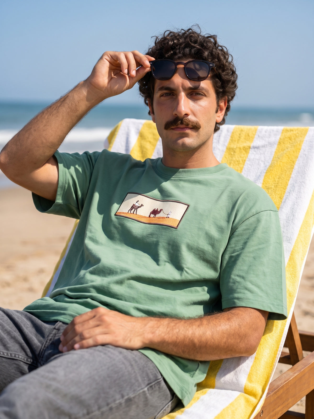 Men's Premium Oversized T-Shirt with Desert Camel Graphic Patch - Sage Green