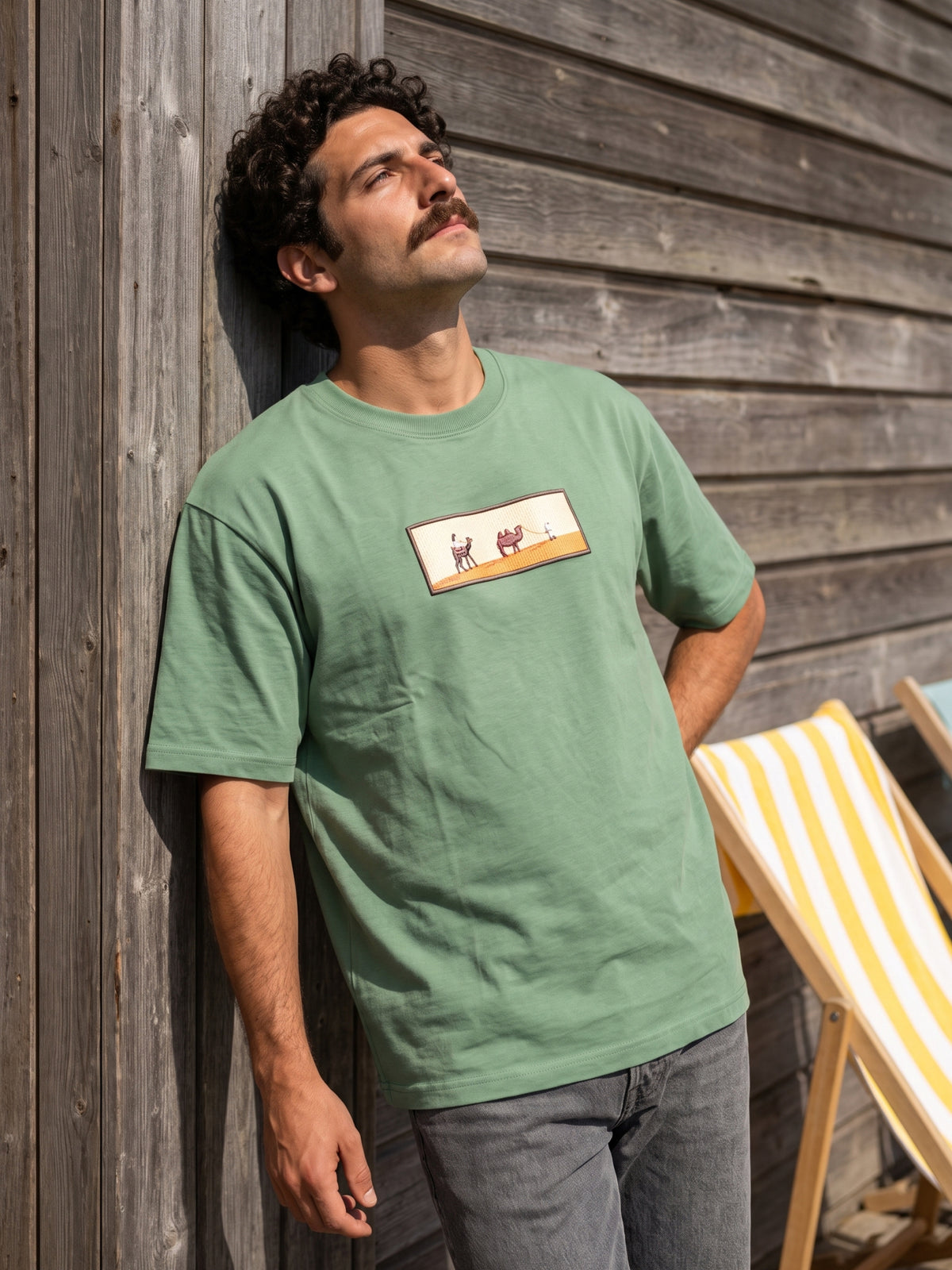 Men's Premium Oversized T-Shirt with Desert Camel Graphic Patch - Sage Green