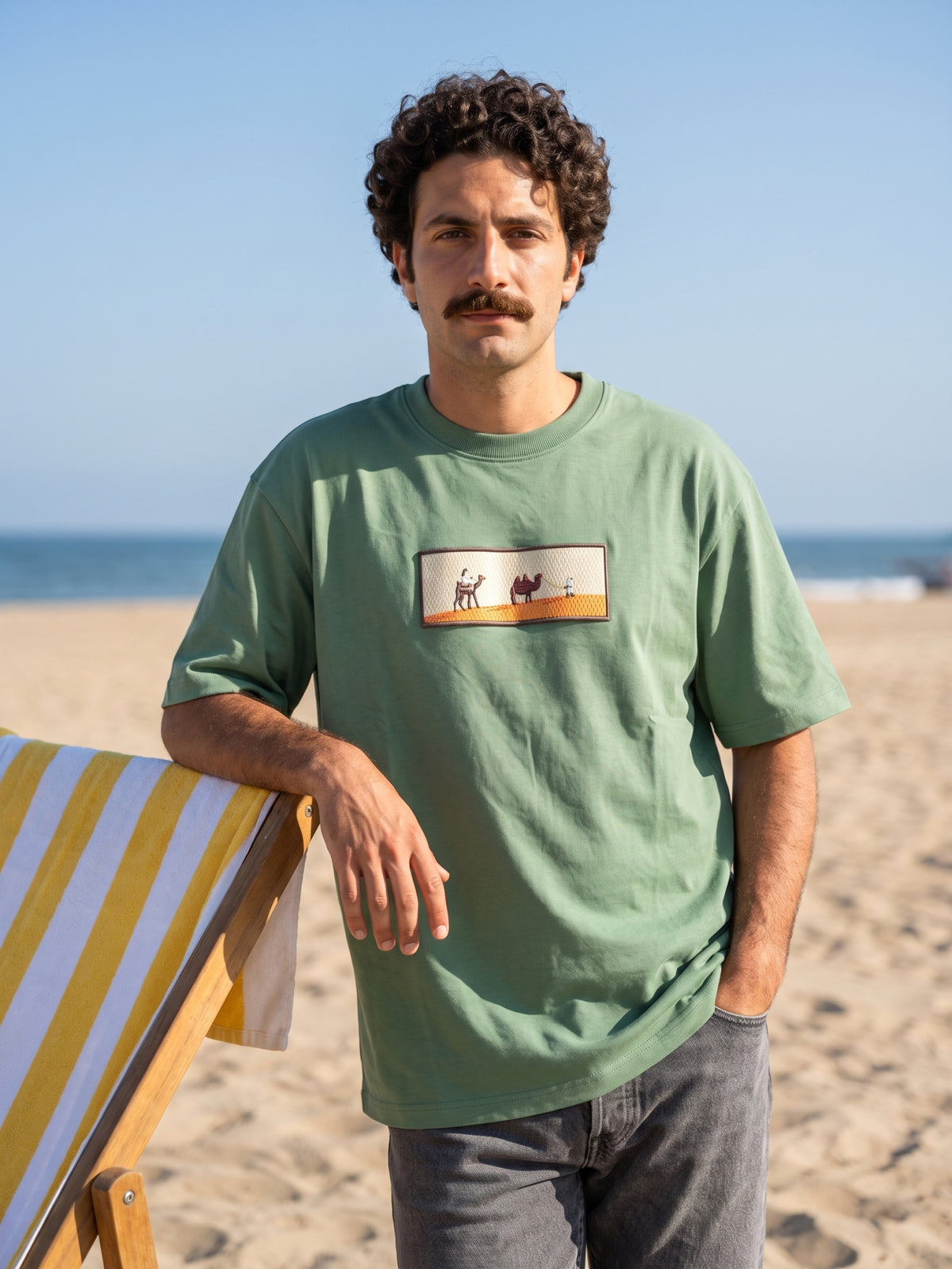 Men's Premium Oversized T-Shirt with Desert Camel Graphic Patch - Sage Green