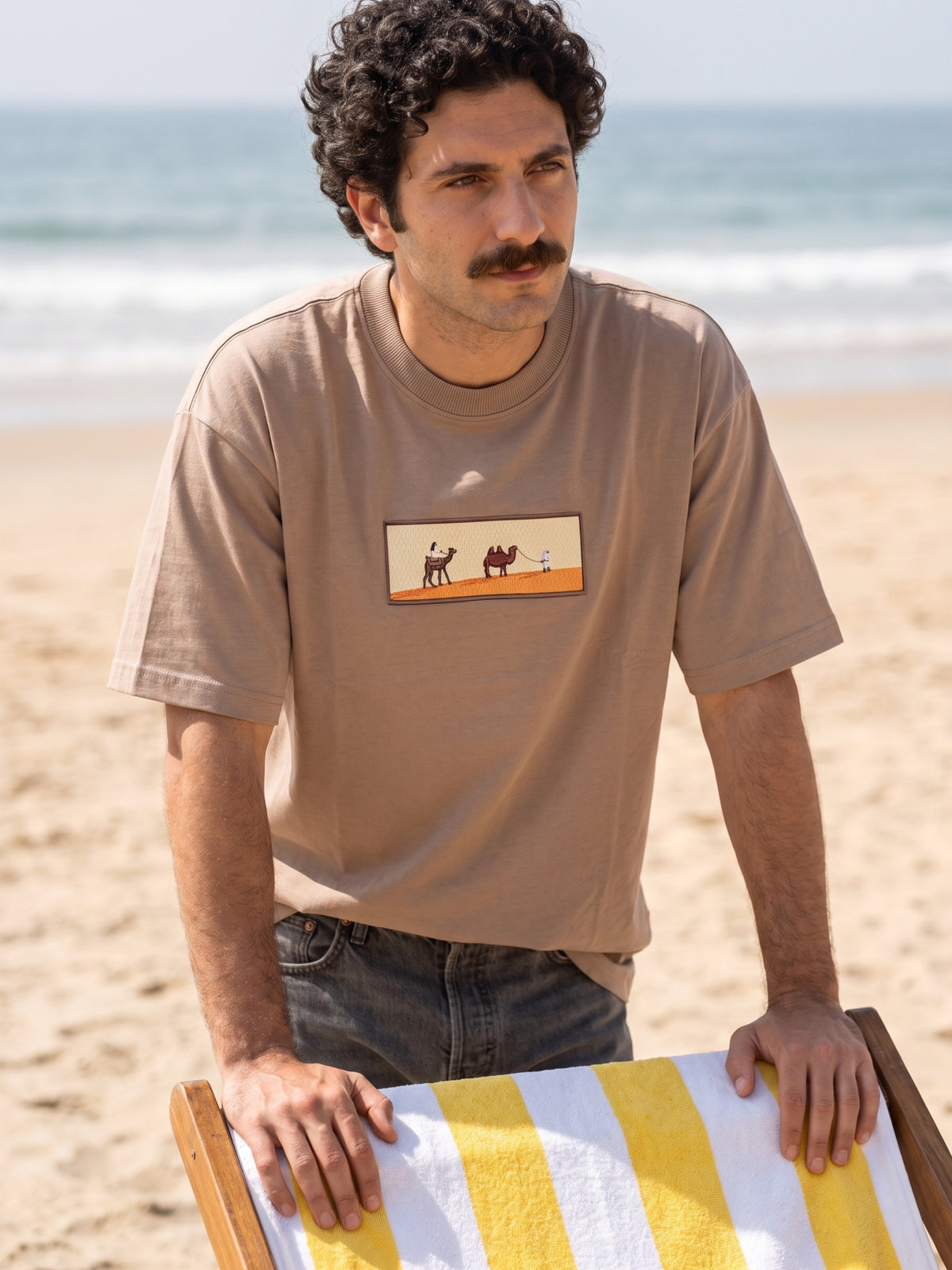 Men's Premium Oversized T-Shirt with Desert Camel Graphic Patch - Brown
