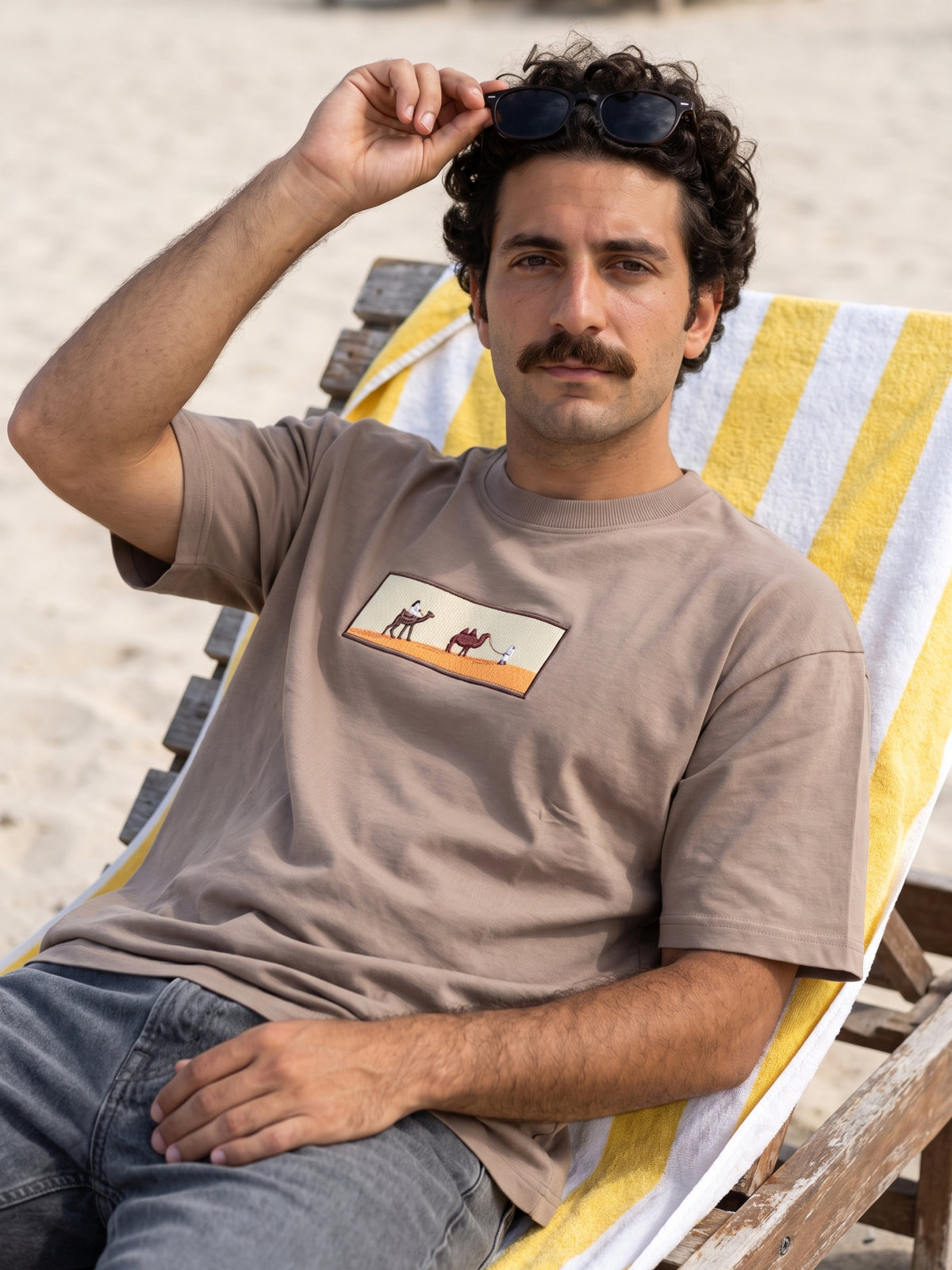 Men's Premium Oversized T-Shirt with Desert Camel Graphic Patch - Brown