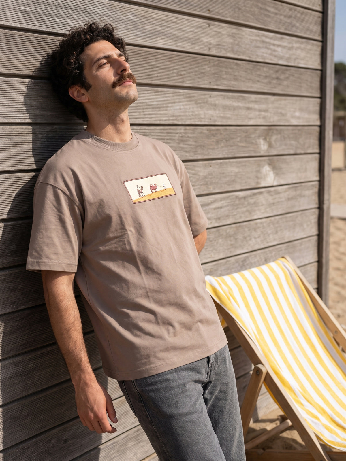 Men's Premium Oversized T-Shirt with Desert Camel Graphic Patch - Brown