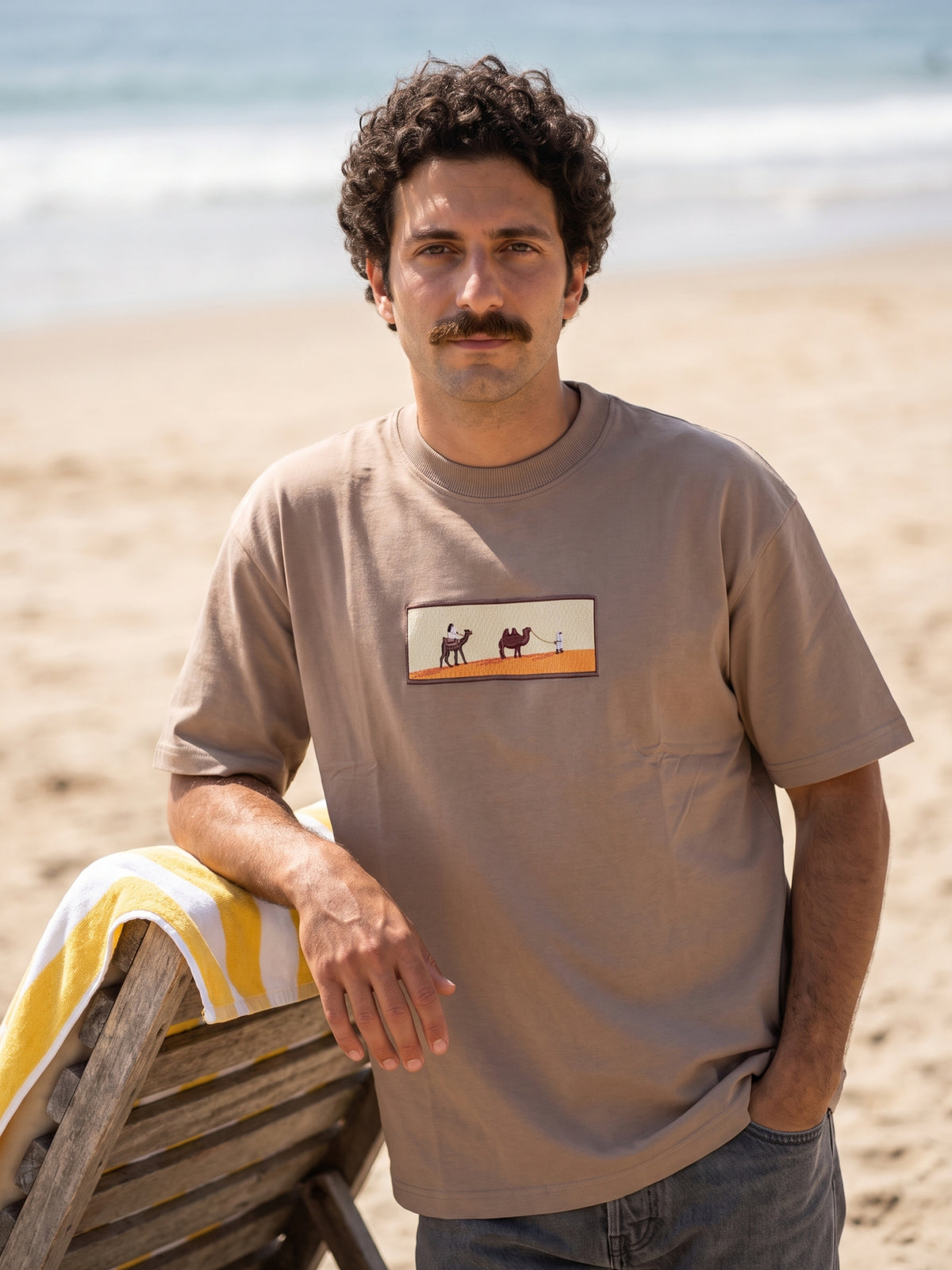 Men's Premium Oversized T-Shirt with Desert Camel Graphic Patch - Brown