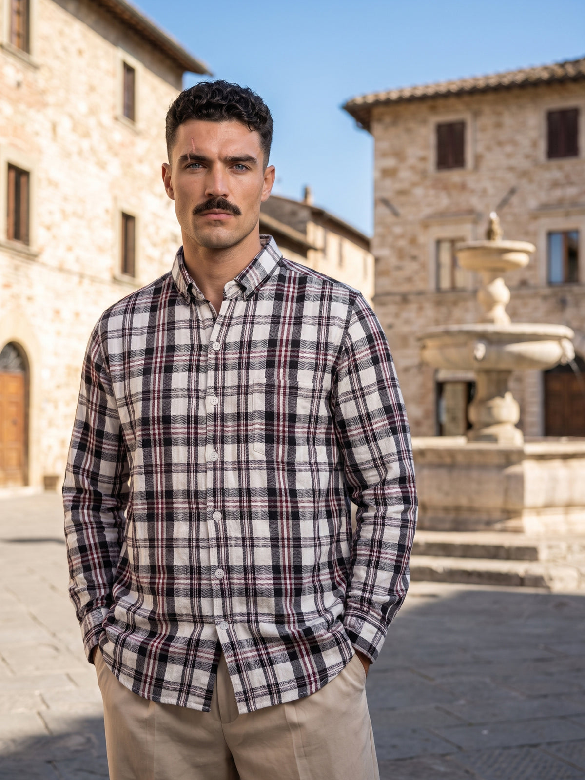 Men's White Plaid Checked Casual Shirt
