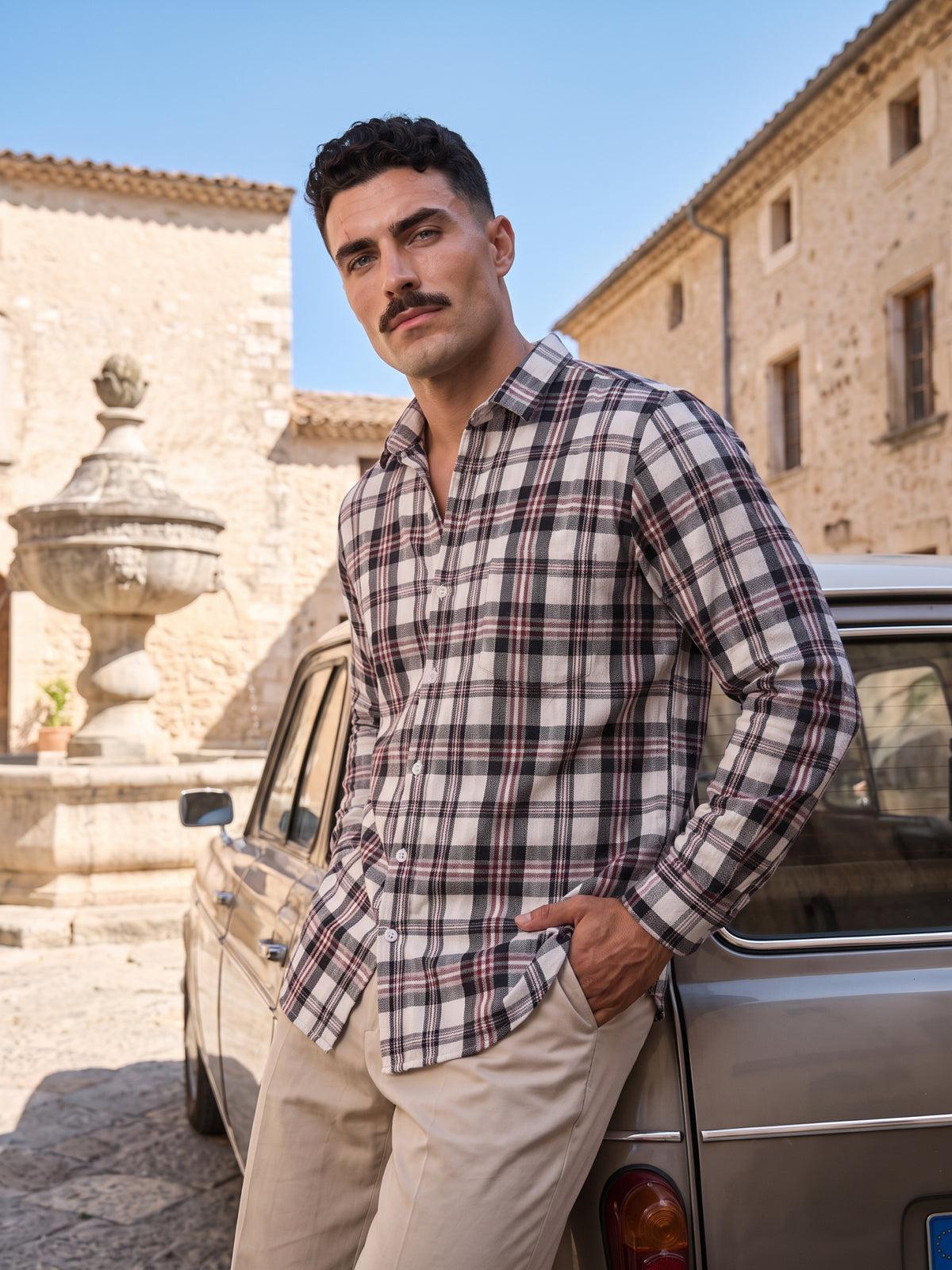 Men's White Plaid Checked Casual Shirt