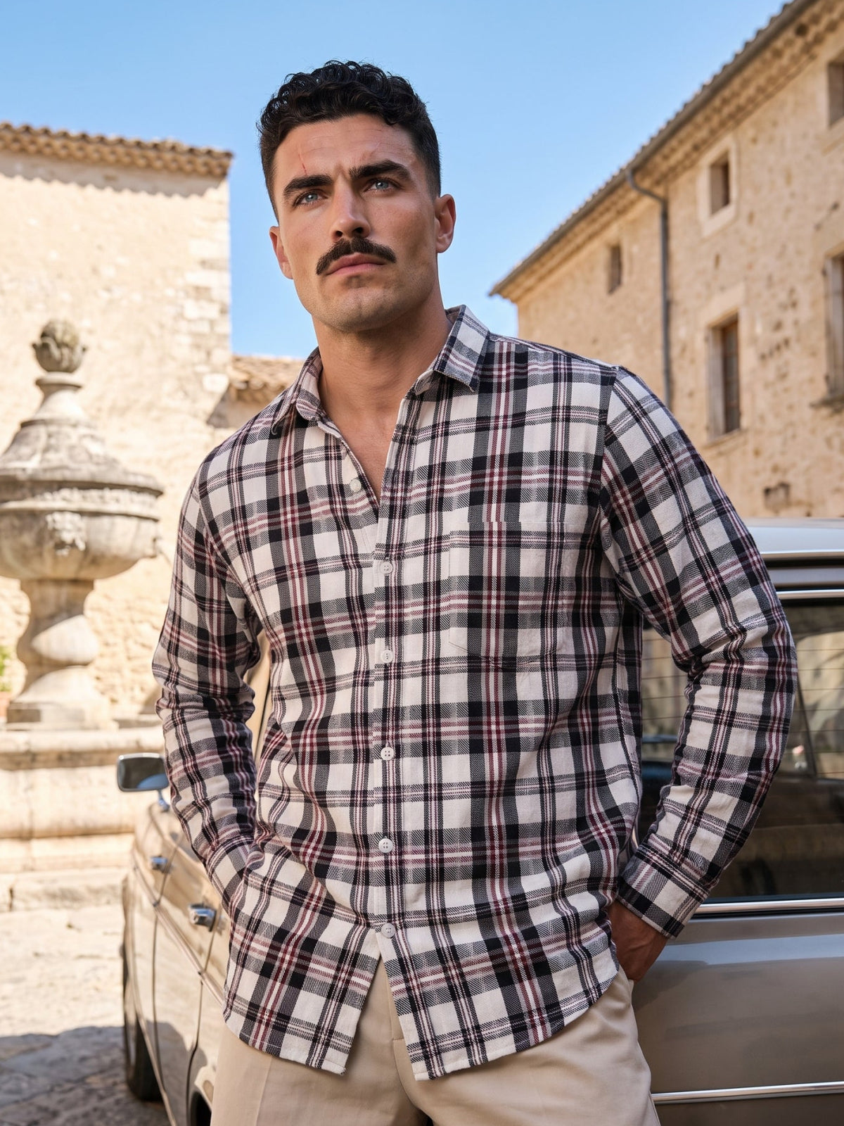 Men's White Plaid Checked Casual Shirt