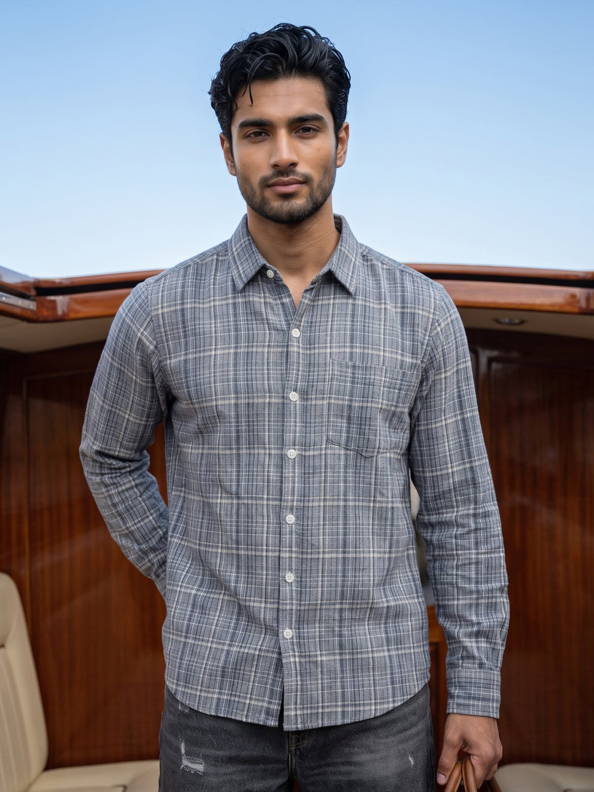 Men's Grey Checked Full Sleeve Casual Shirt