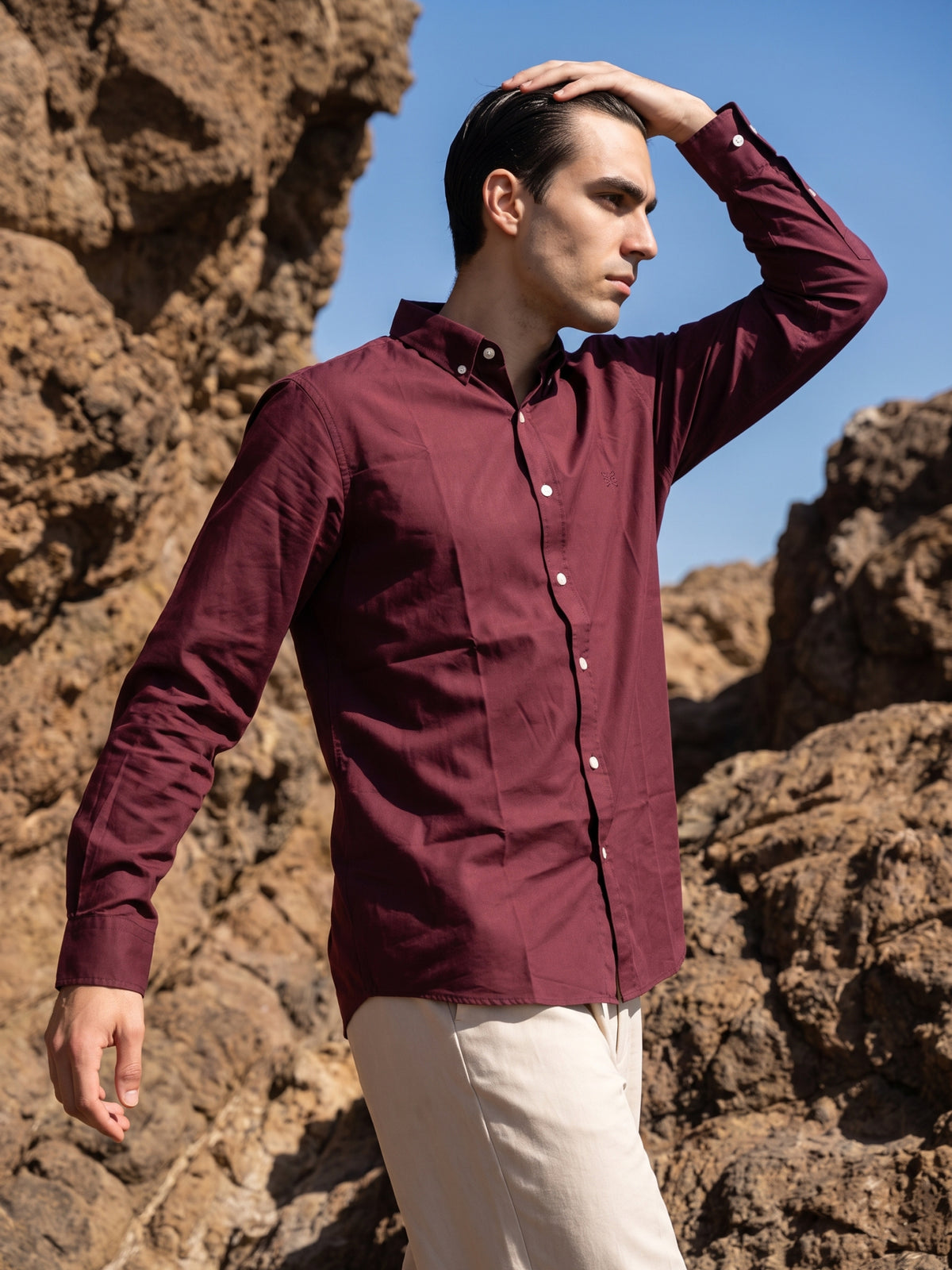 Men's Maroon Premium Solid Button-Down Casual Shirt
