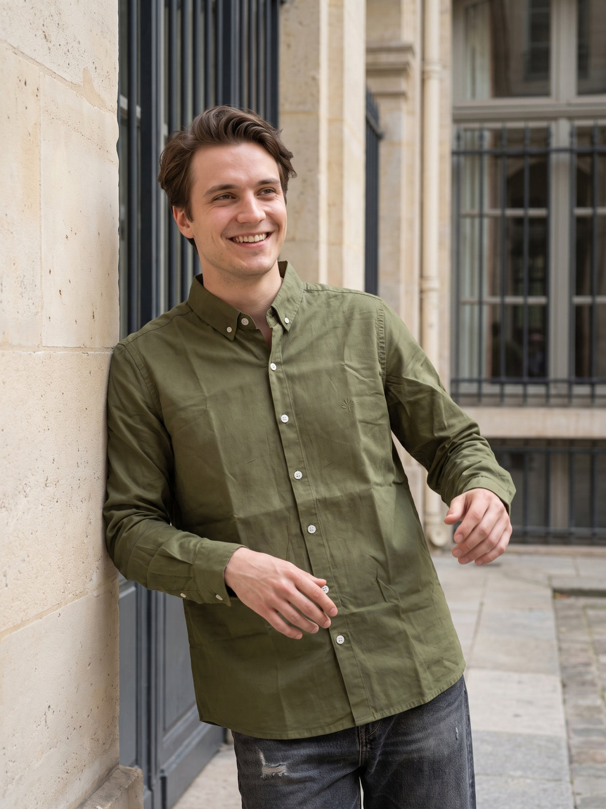 Men's Olive Green Premium Solid Button-Down Casual Shirt