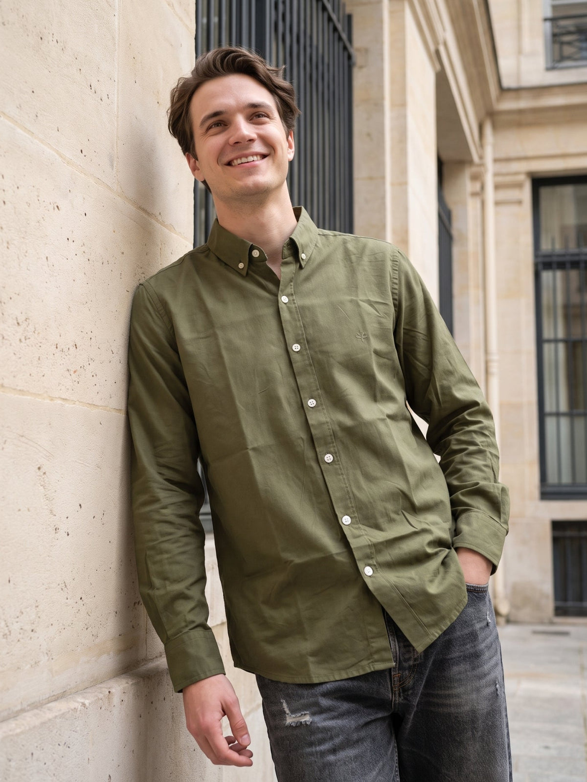 Men's Olive Green Premium Solid Button-Down Casual Shirt