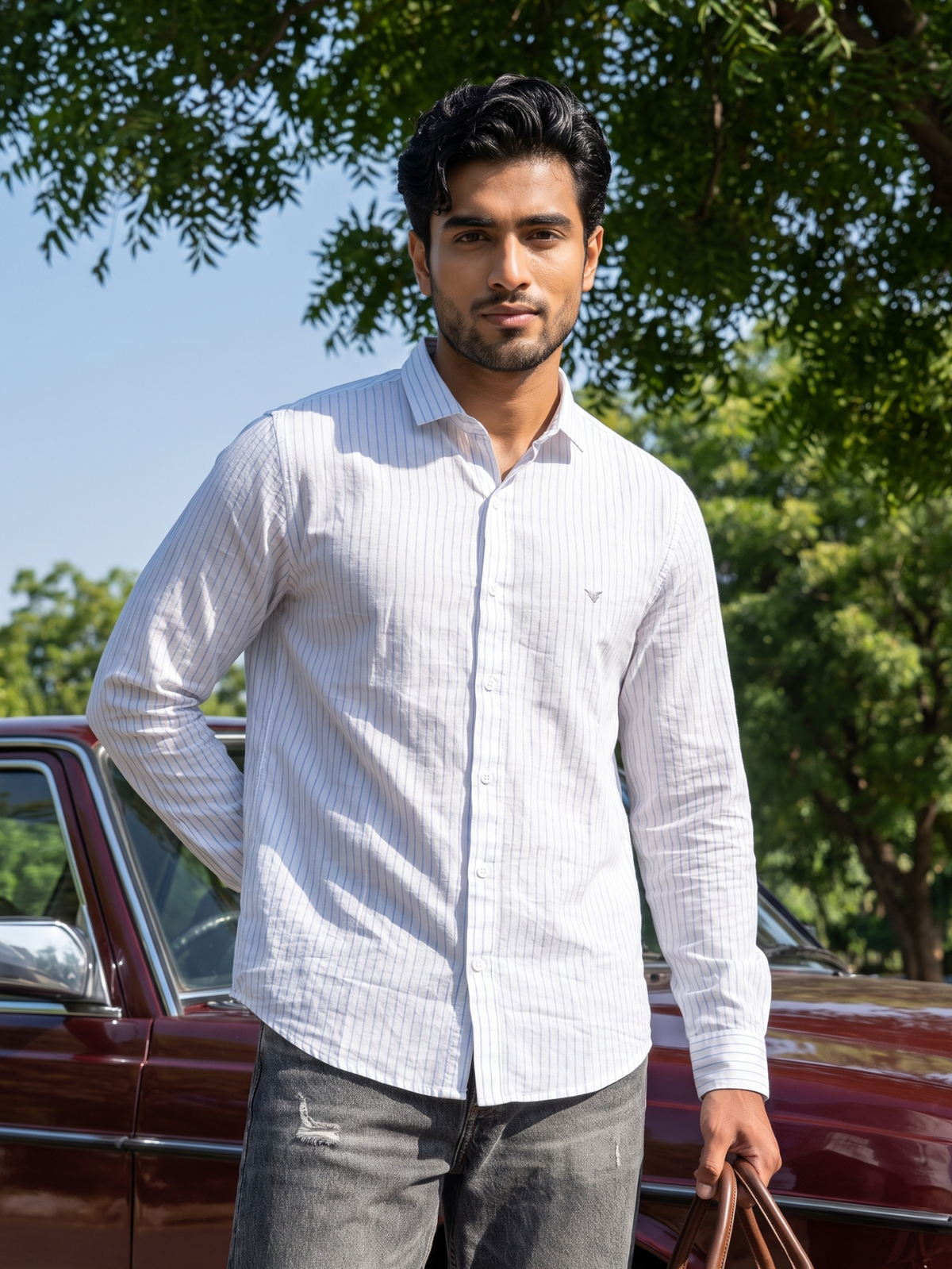 Men’s Pinstripe Casual Shirt – White & Blue