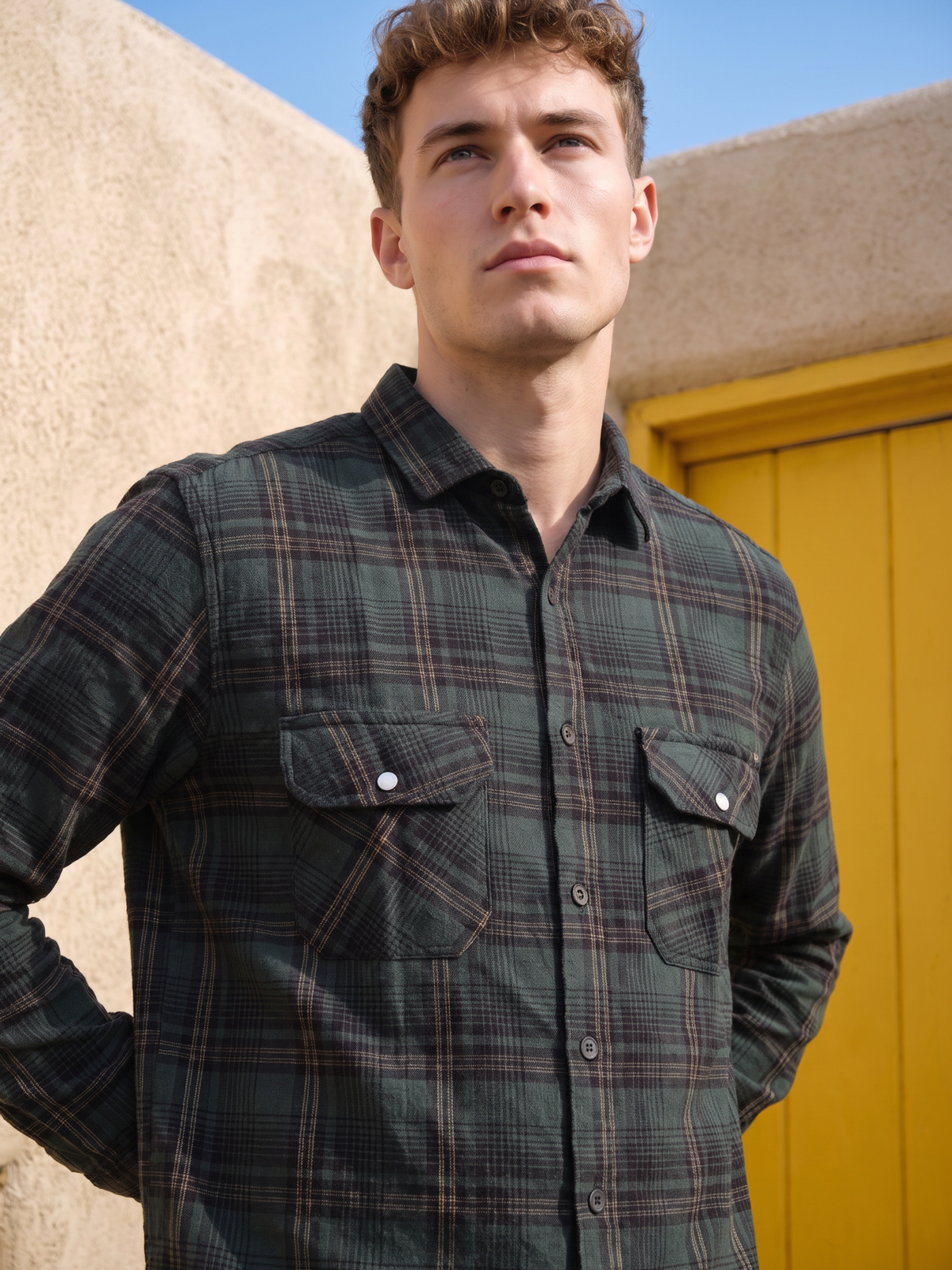 Men's Dark Green Plaid Twin Pockets Casual Shirt