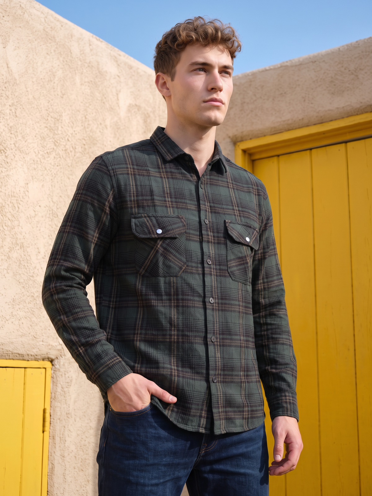 Men's Dark Green Plaid Twin Pockets Casual Shirt