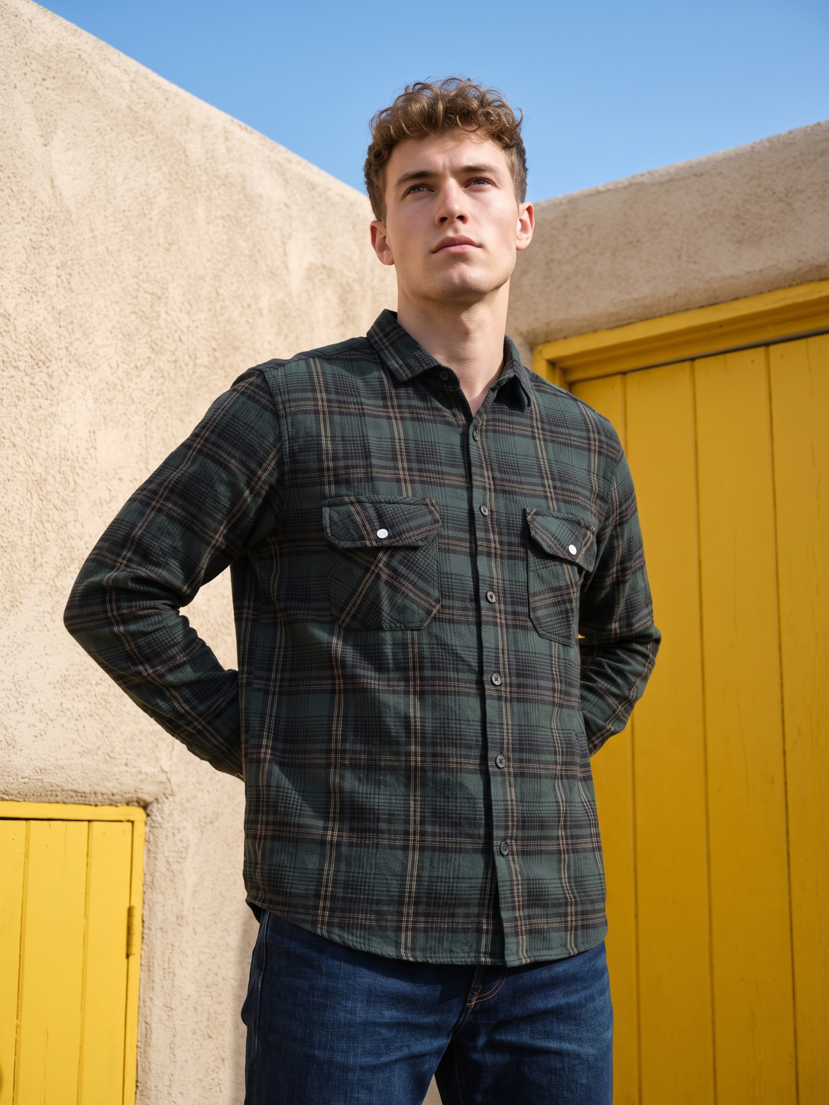 Men's Dark Green Plaid Twin Pockets Casual Shirt