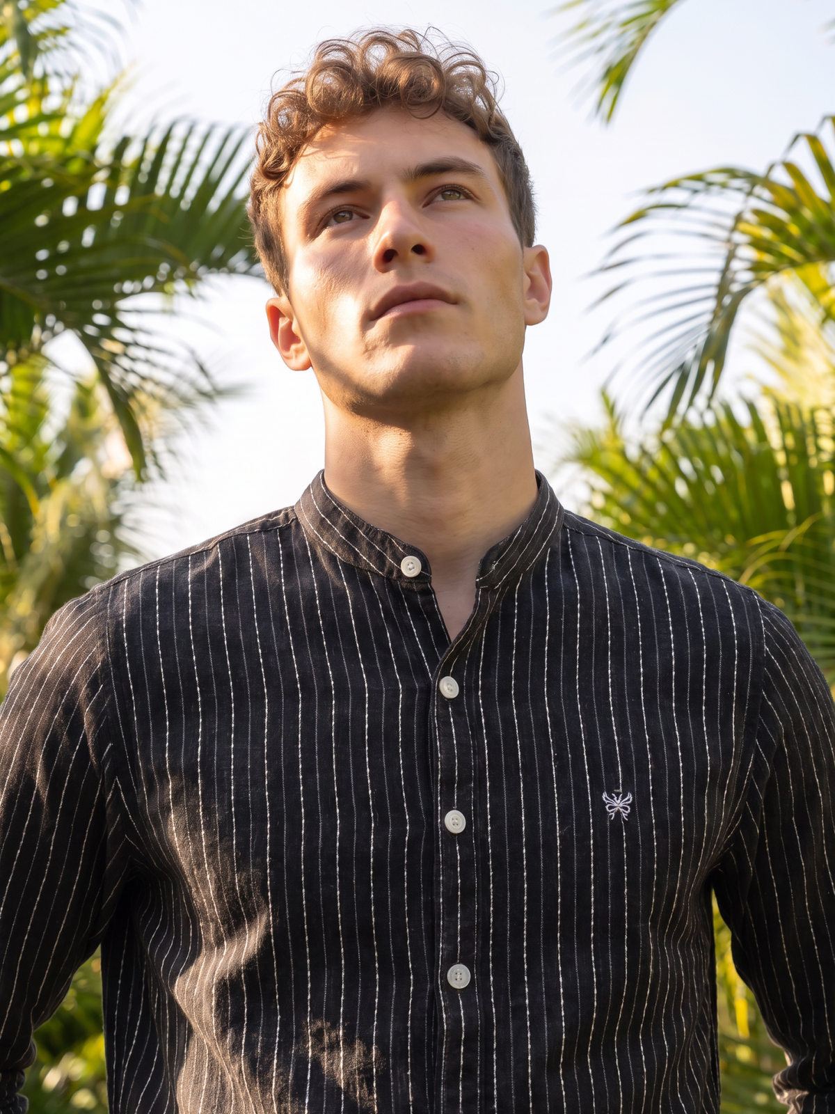 Men's Black Vertical Striped Mandarin Collar Casual Shirt